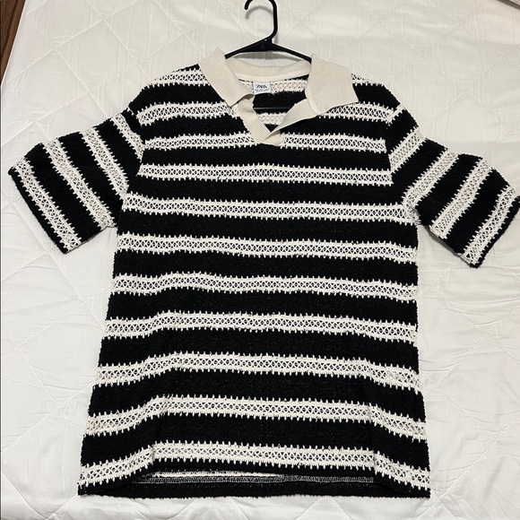 Zara Black and White Striped Polo Shirt - Picture 1 of 3